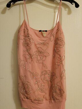 One Heart Pink Floral Beaded Sequin Tank Top (size Small)